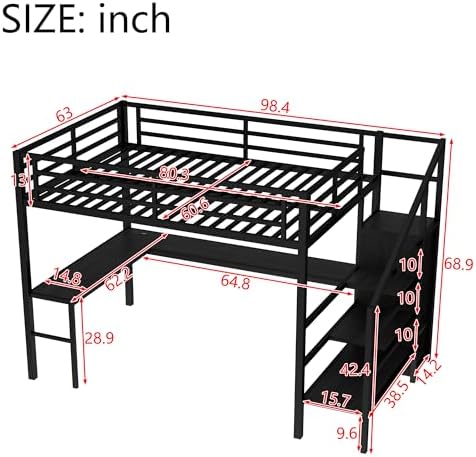 Queen Size Loft Bed with Desk and Wardrobe, Metal Heavy Duty Loft Bed with Storage Stairs, LED Lights, USB Port, LoftBed Frames for Kids, Junior, Space Saving, Noise Free (Black, Queen)
