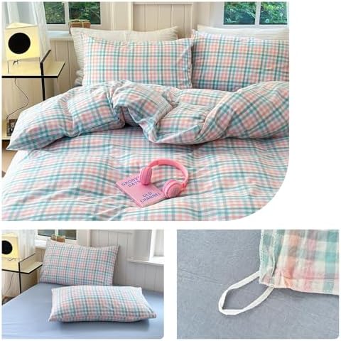 Classic Plaid Duvet Cover Queen Washed Cotton Vintage Bedding Set 3 Pieces