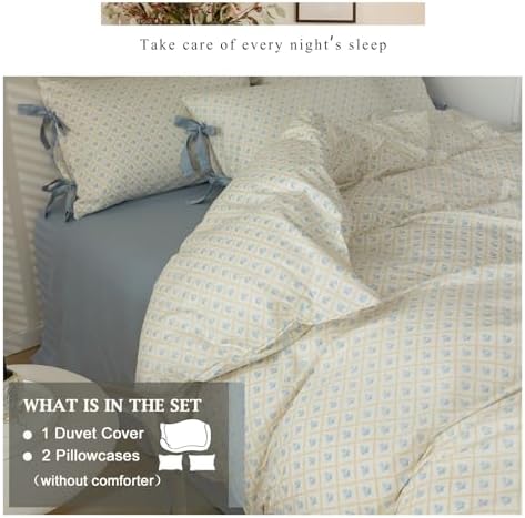 Blue Flower Duvet Cover Queen with Plaid Grid Prints,100% Cotton Bedding Set,Aesthetic Comforter Cover for Girls Women 90x90 Inch