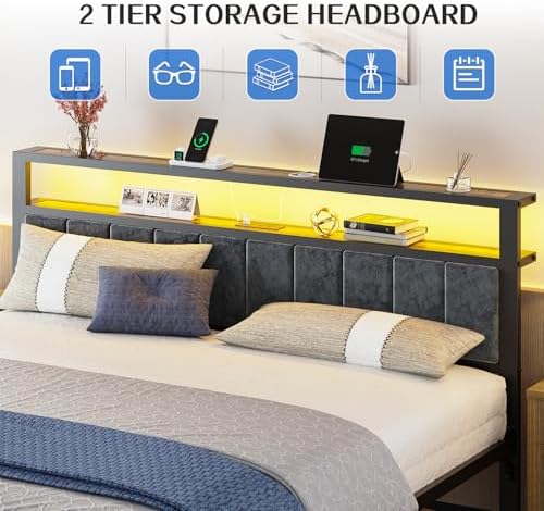 Liians King Size Bed Frame with LED Lights, Upholstered Headboard