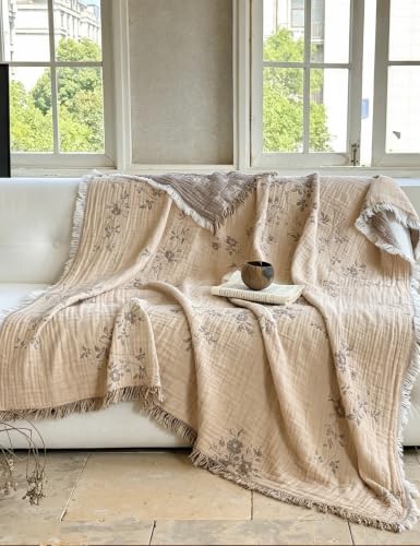 FALUCA Muslin Cotton Throw Blanket Boho Floral Jacquard with Fringe, 104 * 90 Wild Rose Pattern, Reversible Soft Breathable Cover for Couch Sofa Bedroom Vintage Farmhouse Home Decorative, Clay&Brown