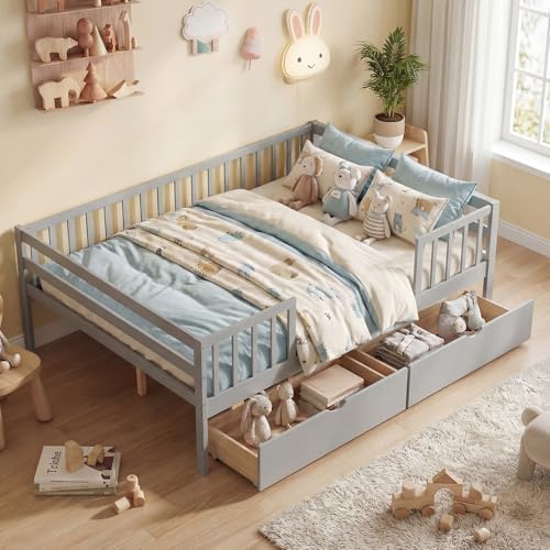 KOMFOTT Full Bed Frame with Rails, Wood Daybed with Side Shelf & 2 Storage Drawers, Platform Bed with Guardrail & Wooden Slat Support for Kids Teens, No Box Spring Needed (Full,Grey)
