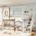 Full Over Full Size House-Shaped Wooden Bunk Bed with Window, Beige