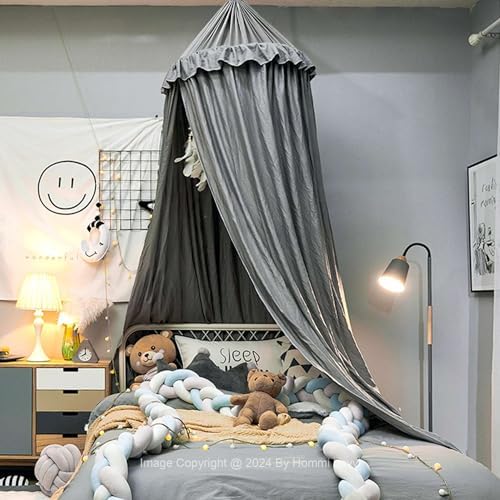Hommi Lovvi Bed Canopy for Girls, Dreamy Frills Ceiling Hanging Princess Canopy Bedroom Decoration Soft Canopy Net Reading Nook, Extra Large Full Queen Size Bed Canopies - Grey
