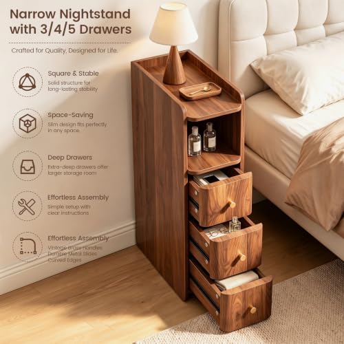 FurSch 27.56”H Tall 7.87”W Narrow Nightstand with 3 Drawers for Lofted Dorm