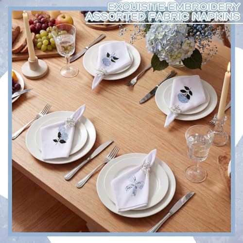 HunnmingRe 12 Pcs Blue Hydrangea Cloth Napkins Bulk 100% Cotton, 17x17inch