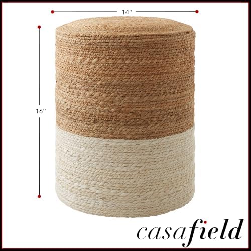 Casafield Hand-Braided Jute Pouf Ottoman Footrest, 14" W x 14" D x 16" H - Round, Natural Boho Home Decor, Woven Accent Footstool for Living Room