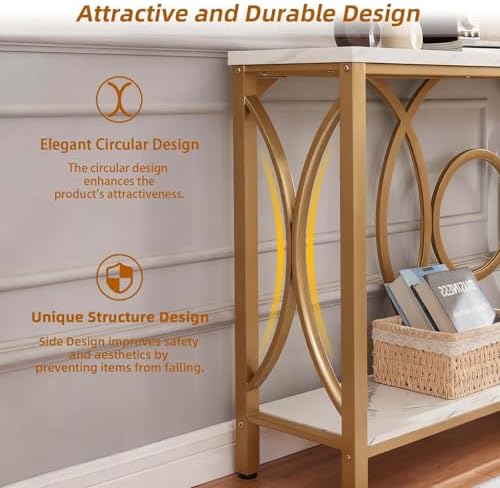 Entryway Narrow Console Table, 55 Inch Long Gold Sofa Table, White Marble