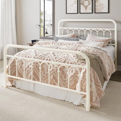 Allewie Queen Size Metal Platform Bed Frame with Headboard, Cream