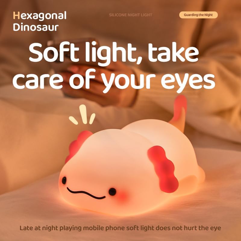 ATSUI Axolotl Night Light, LED Squishy Novelty Animal Lamp, Food Grade Silicone, 3 Level Dimmable, Breastfeeding Nursery Nightlight for Room Decor, Funny Gifts Stuff for Boys Girls Baby Children