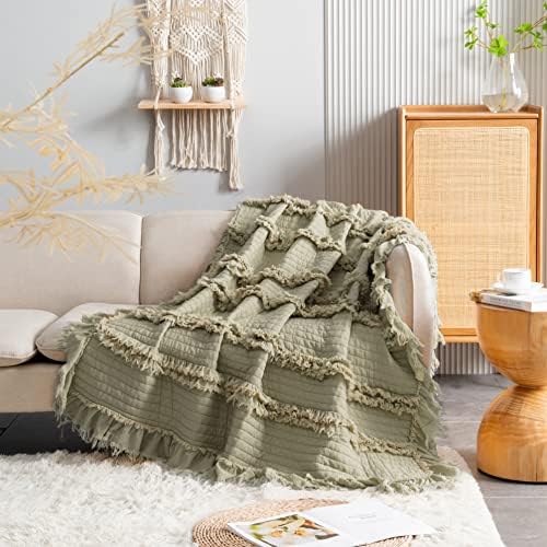 Ultra Soft Pre-Washed Quilted Throw Blanket, Ruffle Fringed Army Green Decorative Throw, Stone Washed Chic Rustic Blanket for Sofa Couch Bed, 50"x 60"