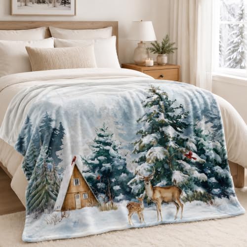 Winter Deer Throw Blanket, Snow Forest Flannel, 80 x 60