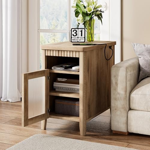 iPormis End Table with Charging, Narrow Side Table for Living Room, Brown