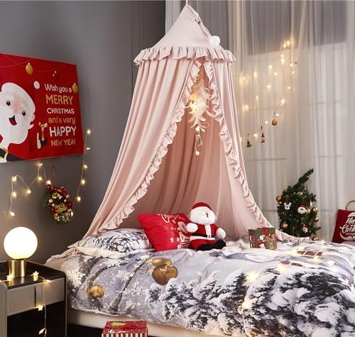 VETHIN Bed Canopy for Girls,Princess Round Dome Dreamy Mosquito Net Bedding Girls Room Castle Play Tent Hanging House Decor Reading Nook Canopies (Beige Pink)