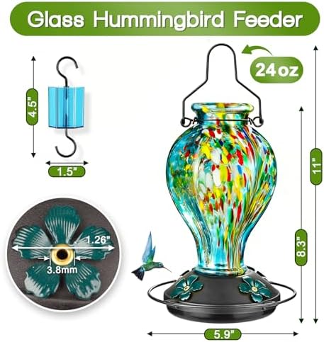 Hand Blown Glass Hummingbird Feeders for Outdoors Hanging, 24oz Wild Bird Nectar Feeder with Ant Moat and Perch, Bee-Resistant Ports, Garden Decor, Gifts for Women Mom, 1 Pack, Blue Fireworks