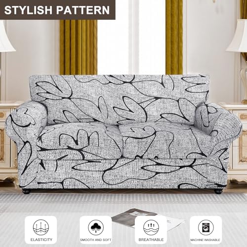 SearchI Stretch Sofa Cover Printed Couch Cover, Floral Pattern 3 Pieces Loveseat Slipcover with 2 Separate Cushion Cover, Washable Furniture Protector for Living Room(Loveseat, Grey Lotus+White)