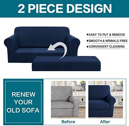 Turquoize Stretch Sofa Slipcover 2 Pieces Sofa Cover Couch Cover for 2 Cushion Couch Washable Furniture Protector Covers with Elastic Bottom Feature Thick Jacquard Fabric (Loveseat, Navy)