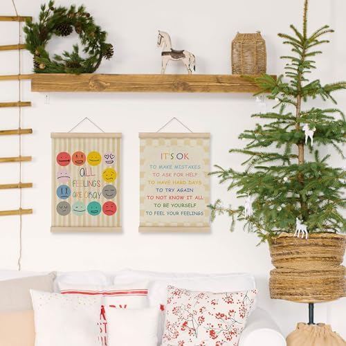 MAQIKA Boho Mental Health Poster Framed with Wood Hanger, Boho Classroom Hanging Wall Decor, Feeling Chart Emotions Canvas Wall Art Paints for Therapy Counselor Office Classroom, 12x16 Inch Set of 2