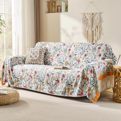 VANJOROY Boho Throw Blanket, 100% Organic Cotton Breathable Skin-Friendly Ultra Soft 60" x 80" Bed Quilt Throw - Floral Rustic Decor Luxury Reversible Blanket for Sofa Couch Chair and Gift,