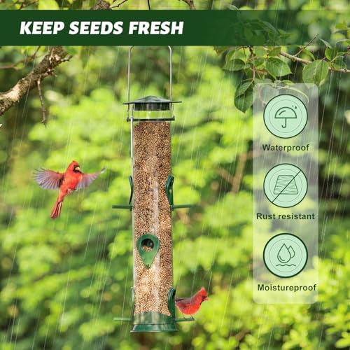 2 Packs Green Bird Feeder Tube Hanging Feeders, 6 Port Wild Bird Feeders Premium Hard Plastic with Steel Hanger Weatherproof and Water Resistant Great for Attracting Birds 18.2 Inches Large