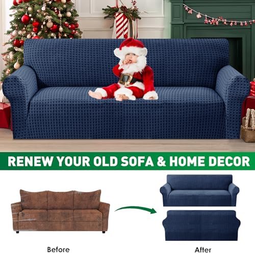 MAXIJIN Stretch Loveseat Couch Cover for 2 Cushion Couch (55"-69" Washable Sofa Slipcovers with Non-Slip Foam & Elastic Strap, Dog Cat Pet Friendly Furniture Protector (Medium, Navy Blue)