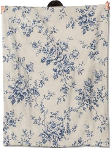 Vintage Floral Blanket,Blue White Blossom Flannel Throw Blankets Gifts for Elegant Room Accent Lovers,Soft Lightweight Decorative Cover for Couch Sofa Bedroom Travel,Home Accent,60×80 Inch