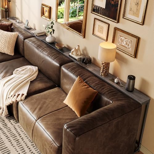 Huuger 110.2-133.8'' Extendable Behind Couch Table with Outlets, Grey
