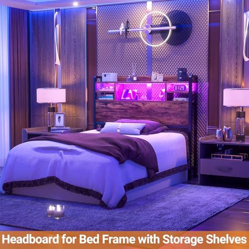 Aheaplus Headboard for Twin Size Bed with Storage and Outlets, Rustic Brown