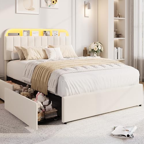 GarveeHome Queen Bed Frame, Platform Bed with Storage Headboard & Drawers