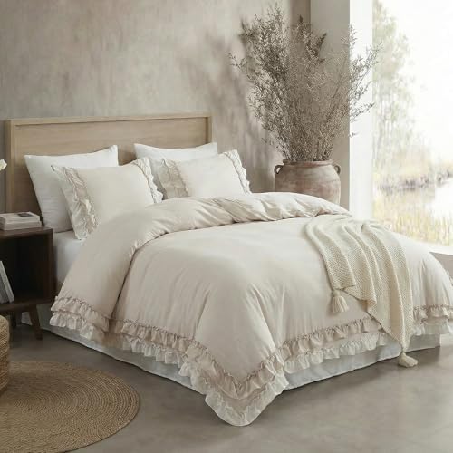 Bedorm Beige Duvet Cover Set Twin Ruffle Bedding Set Pleat Ruffled Shabby Chic Comforter Cover Extra Soft & Easy Care White Boho Duvet Cover with Zipper Closure