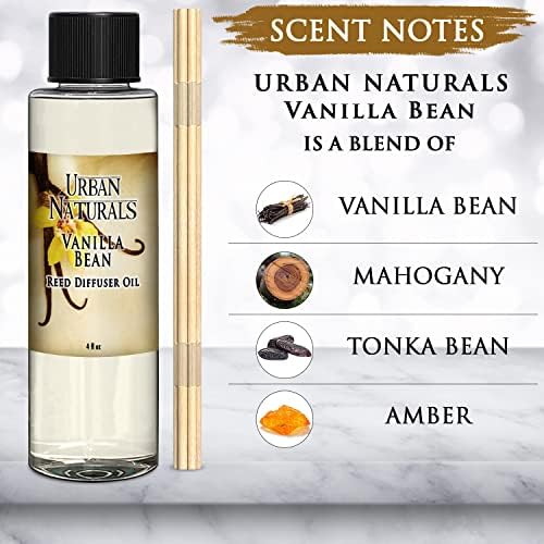 Urban Naturals Vanilla Bean Scented Oil Reed Diffuser Refill | Includes a Free Set of Reed Sticks! Vanilla Cream, Amber & Sweet Tonka Bean, 4 oz.