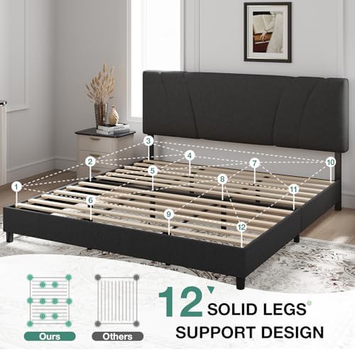 Novilla King Size Bed Frame with Adjustable Headboard Platform King Bed Frame Linen Fabric Upholstered Headboard, No Box Spring Needed, Noise-Free, Wooden Slats Support, Easy Assembly, Dark Grey