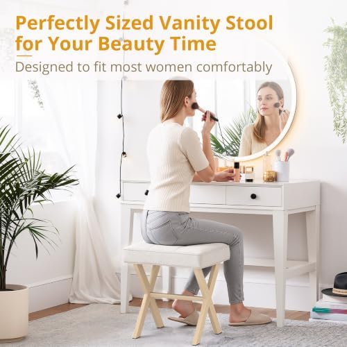 LUE BONA Square Linen Makeup Stool, Metal X Legs, Small Ottoman Stool Chair for Vanity, Modern Padded Seat Foot Rest for Makeup Room, Bathroom