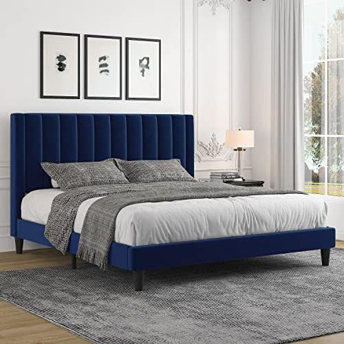 Allewie King Platform Bed Frame/Velvet Upholstered Bed Frame with Vertical Channel Tufted Headboard/Strong Wooden Slats/Mattress Foundation/Box Spring Optional/Easy Assembly/Navy Blue
