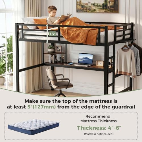 Twin XL Loft Bed with Desk, USB Charging Station, LED Light and 2 Storage Shelves, Metal Heavy Duty Loft Bed Twin Size for Adults, Teens, No Box Spring Needed (Black, Twin XL)