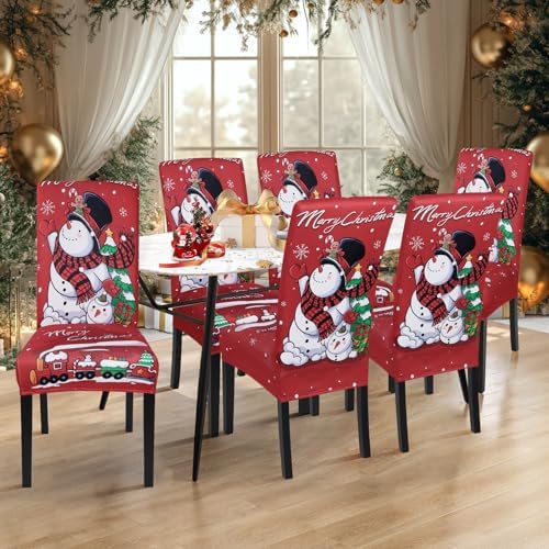 SearchI Christmas Chair Covers Set of 6, Stretch Xmas Kitchen Chair Cover Removable Washable Holiday Parsons Chair Slipcovers for Dining Room, Christmas Decoration, Ceremony(Christmas-Snowman)