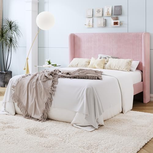 SHA CERLIN Queen Corduroy Platform Bed with Tufted Wingback Headboard, Pink