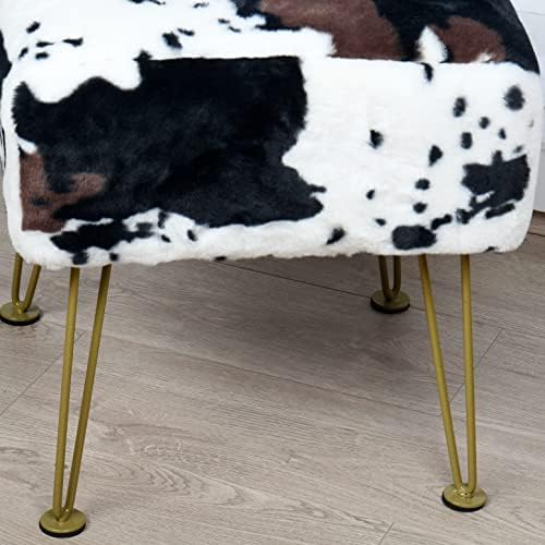 Cow Square Faux Fur Ottoman 17"x17"x17" Soft Fuzzy Entryway Bench Seat Sturdy Accent Coffee Table for Living Room Make Up Vanity Shoe Stool with Golden Legs for Bedroom Closet Foot Rest