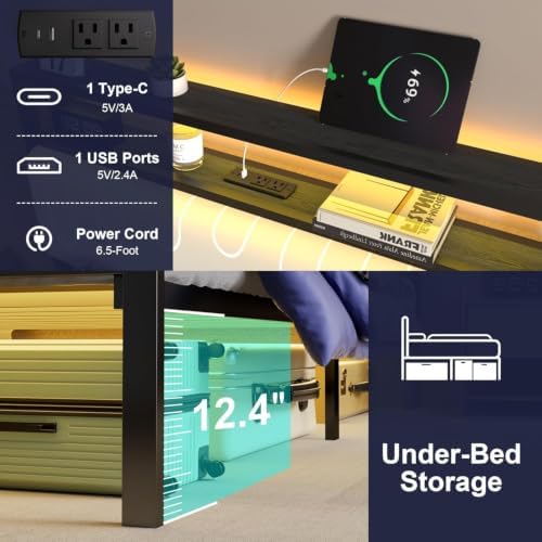 J.Fkne Twin Bed Frames with LED Lights & Charging Station, Metal Platform Frame with Upholstered Headboard, No Box Spring Needed, Noise Free, Easy Assembly