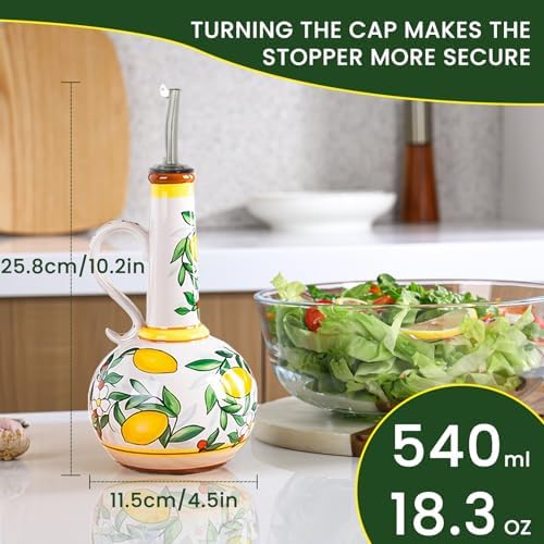 Ceramic Olive Oil Dispenser Bottle – 18.3 oz Oil Cruet with Spout and Handle, Lemon Pattern, 10.2” Tall – Non-Drip Pourer for Kitchen Counter, Salad Dressing, Vinegar, Decorative Oil Container