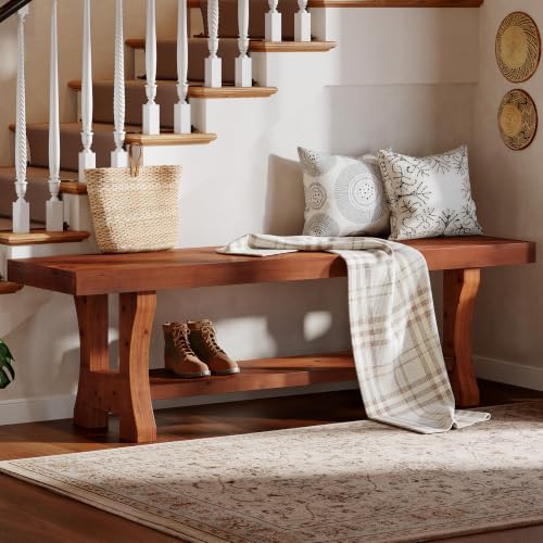 Solid Wood Entryway Bench, 55" End of Bed Bench, Long Indoor Dining Seat for Hallway, Bedroom, Living Room, Dining Room, Easy Assembly, Red Brown