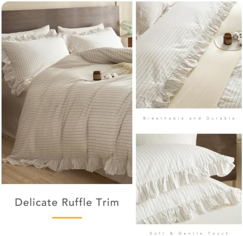Striped Ruffle Duvet Cover Set Twin,2PCs Washed Cotton White Dark Grey Wide Stripes Ruffled Bedding Comforter Cover Extra Soft Lightweight Farmhouse Chic Quilt Cover Set Twin with Pillow Shams