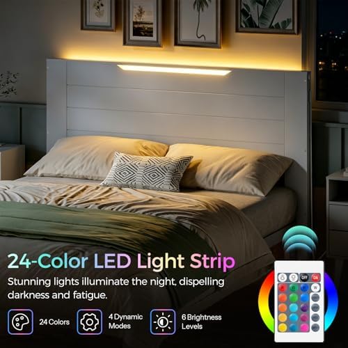 MAHANCRIS Modern Wooden Full Size Headboard Only with LED Light Strip