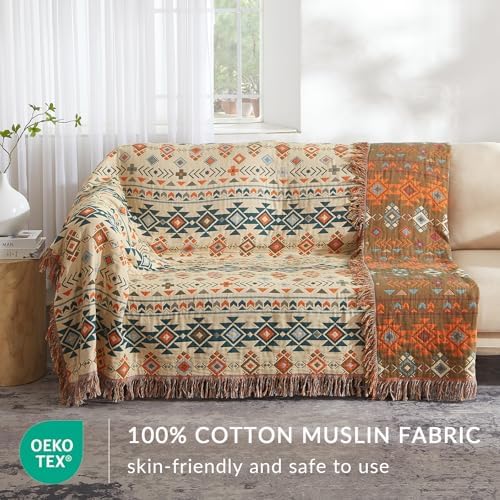 Bailix Boho Throw Blanket, 100% Cotton, Woven Geometric Pattern, 60"x80"