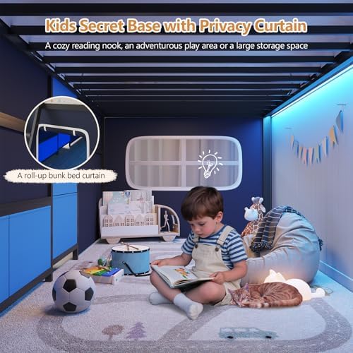 Low Twin Loft Bed with Desk,6 Storage Drawers,Led Lights & Kids Secret Base