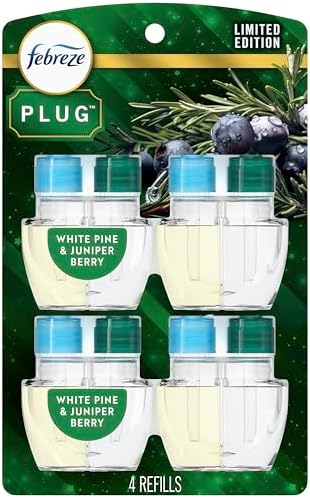 Febreze Plug in Air Freshener, Odor-Fighting Scented Oil Refill, for Home, Bathroom, & Kitchen, Long Lasting, Limited Edition Holiday Winter Pine and Juniper Berry Scent, 0.87oz Refills, 4 Count