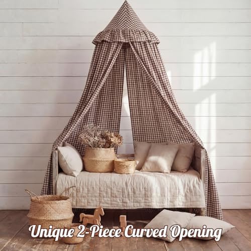SmoothNovelty Gingham Plaid Bed Canopy, Brown White, Round