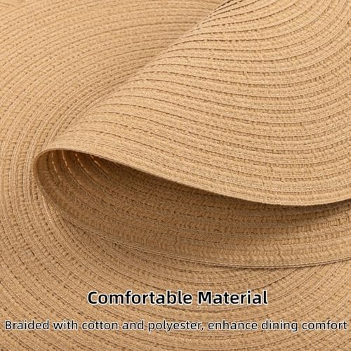 SHACOS 15 inch Round Braided Placemats Set of 6 Cotton Polyester Heat Resistant Round Table Mats Washable Place Mats for Dinner Party Table Decoration (Camel, 6)