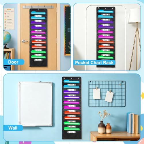 Pocket Chart for Classroom, Storage File Folders Pocket Chart with 10 Nametags Pockets, Hanging Wall File Organizer with 3 Over Door Metal Hangers Pocket Charts Organizer for School Office Mailbox