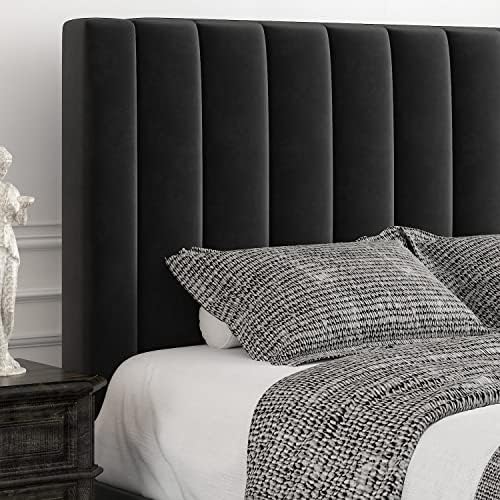 Allewie Queen Bed Frame/Velvet Upholstered Bed Frame with Vertical Channel Tufted Headboard/Strong Wooden Slats/Platform Bed Frame/Mattress Foundation/Box Spring Optional/Easy Assembly/Black